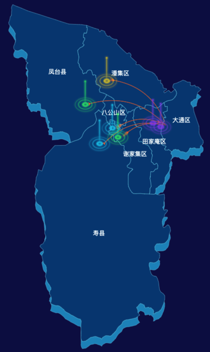 echarts淮南市地区地图geoJson数据-飞线图