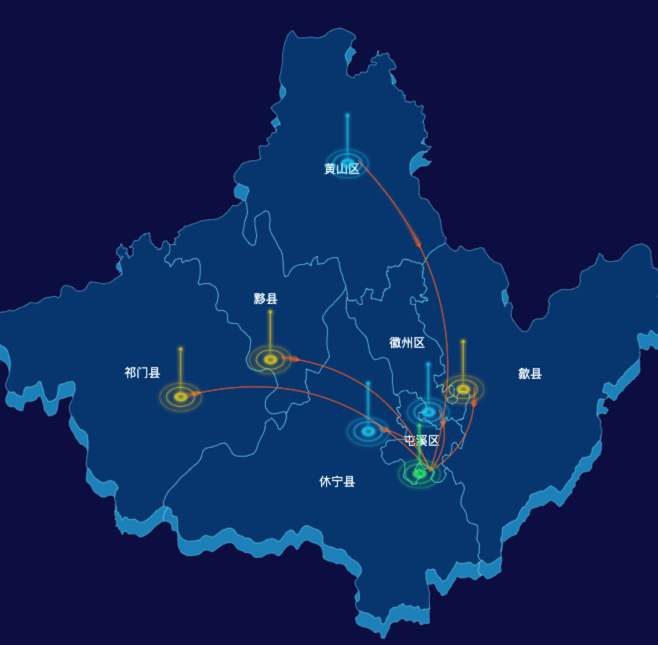 echarts黄山市地区地图geoJson数据-飞线图