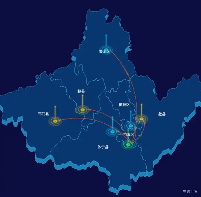 echarts黄山市地区地图geoJson数据-飞线图