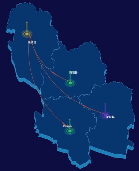echarts亳州市地区地图geoJson数据-飞线图