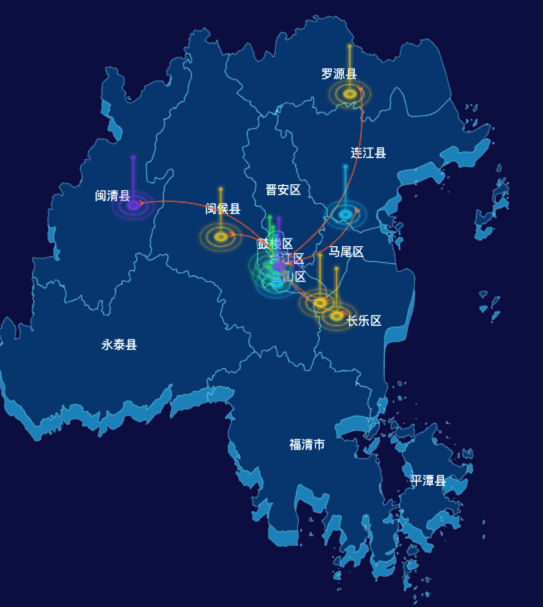 echarts福州市地区地图geoJson数据-飞线图