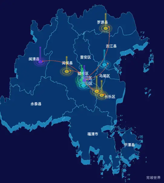 echarts福州市地区地图geoJson数据-飞线图