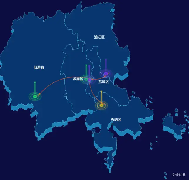 echarts莆田市地区地图geoJson数据-飞线图