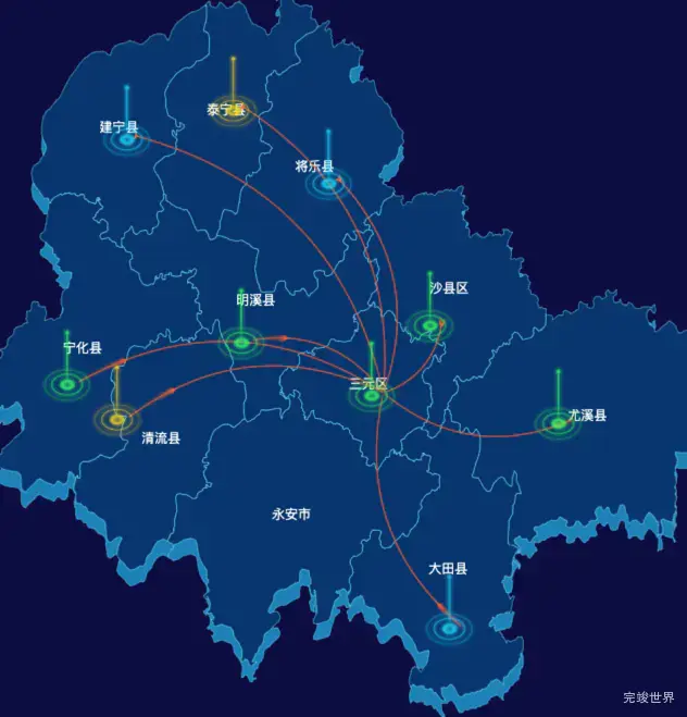 echarts三明市地区地图geoJson数据-飞线图