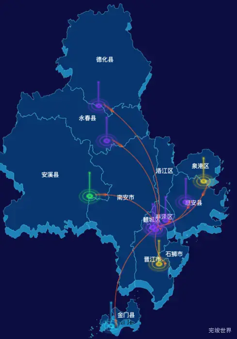 echarts泉州市地区地图geoJson数据-飞线图