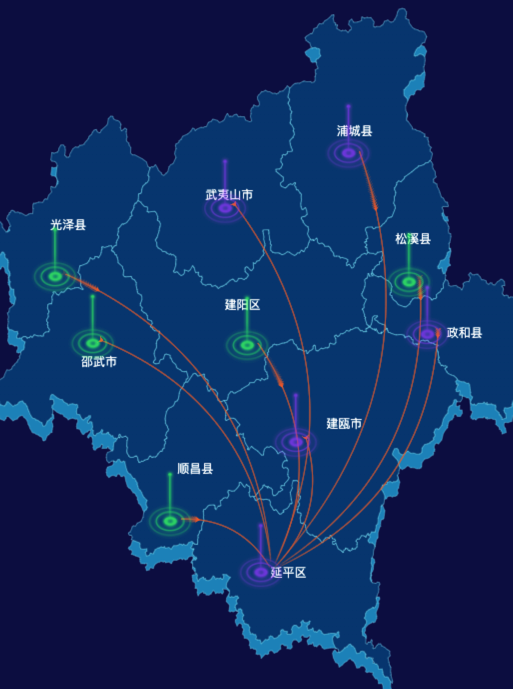 echarts南平市地区地图geoJson数据-飞线图