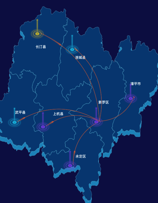 echarts龙岩市地区地图geoJson数据-飞线图