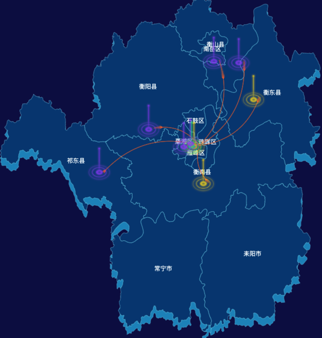 echarts衡阳市地区地图geoJson数据-飞线图