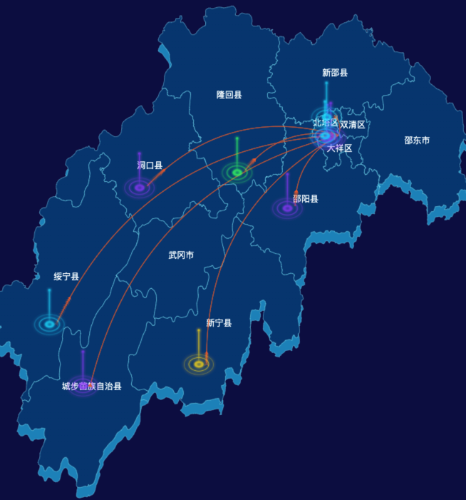 echarts邵阳市地区地图geoJson数据-飞线图