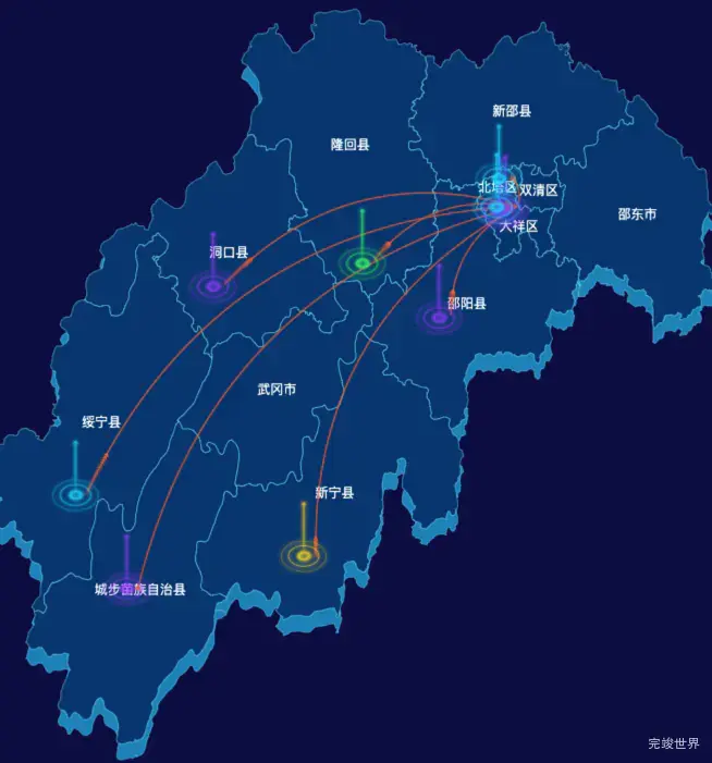 echarts邵阳市地区地图geoJson数据-飞线图