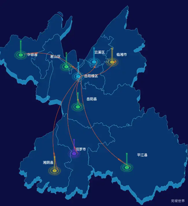 echarts岳阳市地区地图geoJson数据-飞线图