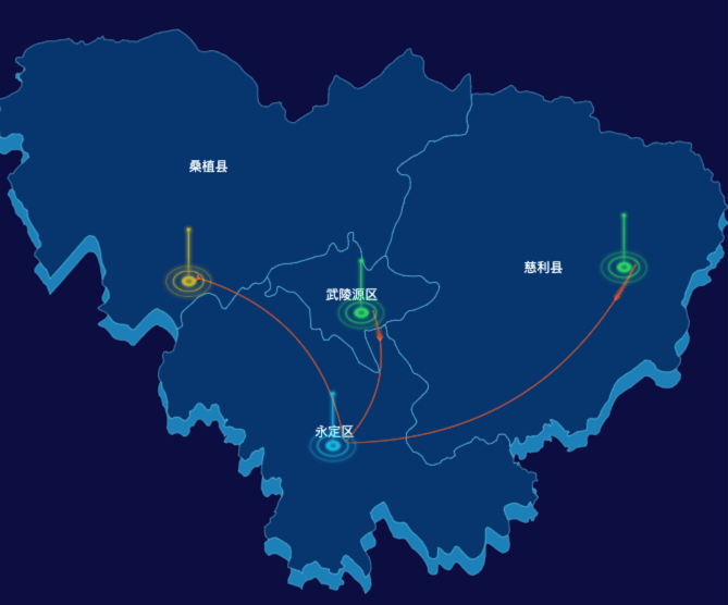 echarts张家界市地区地图geoJson数据-飞线图