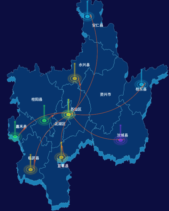 echarts郴州市地区地图geoJson数据-飞线图