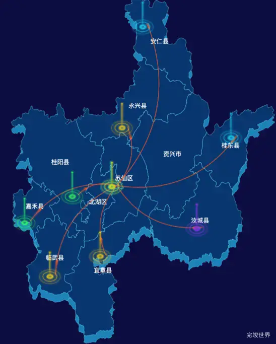 echarts郴州市地区地图geoJson数据-飞线图