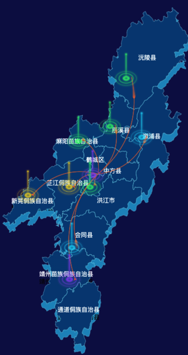 echarts怀化市地区地图geoJson数据-飞线图