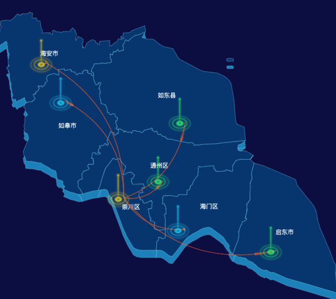 echarts南通市地区地图geoJson数据-飞线图