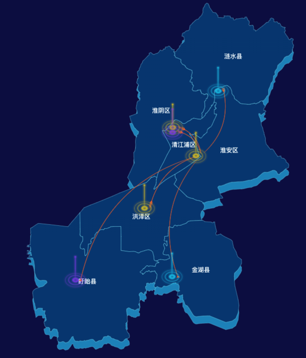 echarts淮安市地区地图geoJson数据-飞线图