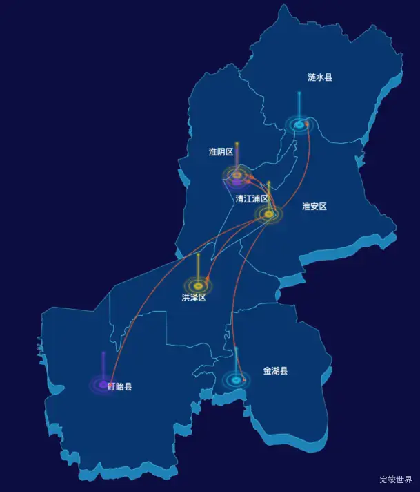 echarts淮安市地区地图geoJson数据-飞线图