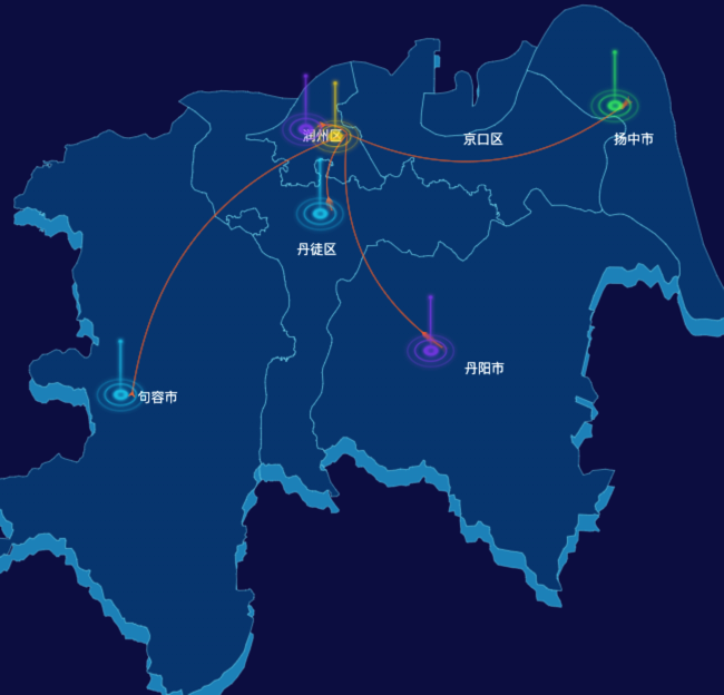 echarts镇江市地区地图geoJson数据-飞线图
