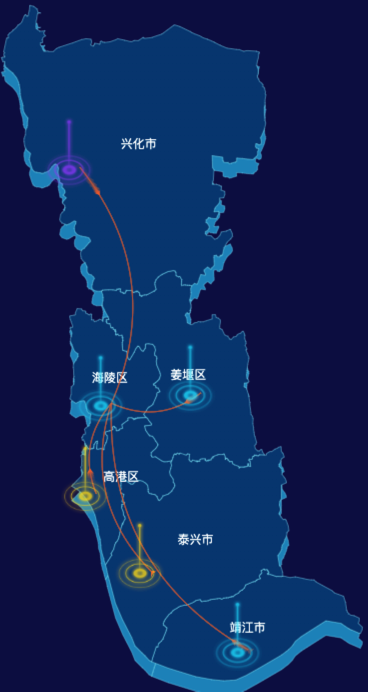 echarts泰州市地区地图geoJson数据-飞线图