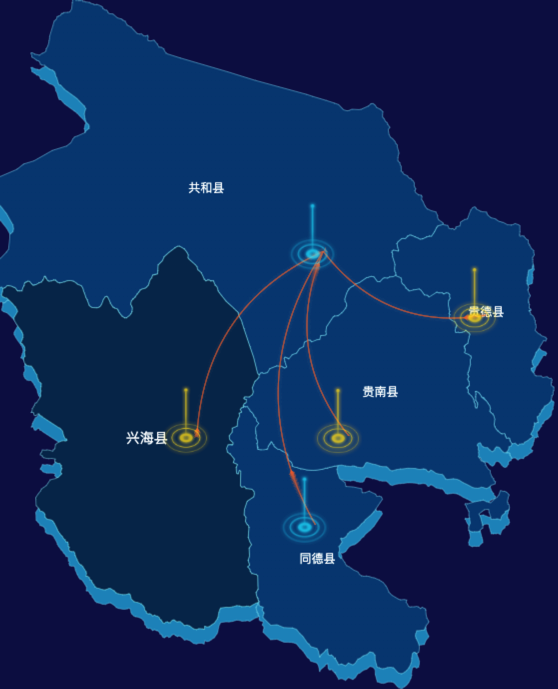 echarts海南藏族自治州地区地图geoJson数据-飞线图