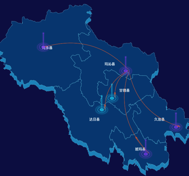 echarts果洛藏族自治州地区地图geoJson数据-飞线图