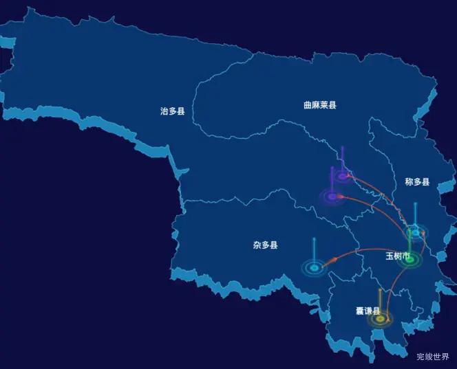 echarts玉树藏族自治州地区地图geoJson数据-飞线图