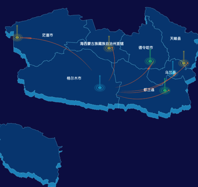 echarts海西蒙古族藏族自治州地区地图geoJson数据-飞线图