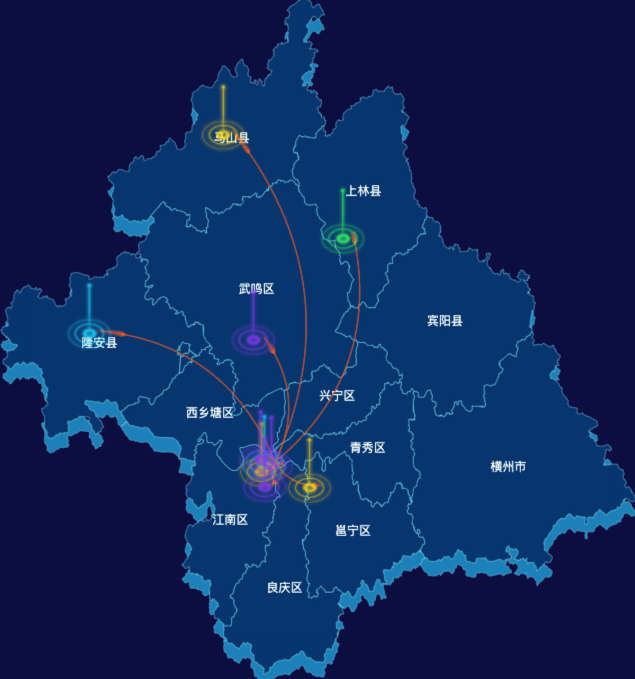 echarts南宁市地区地图geoJson数据-飞线图