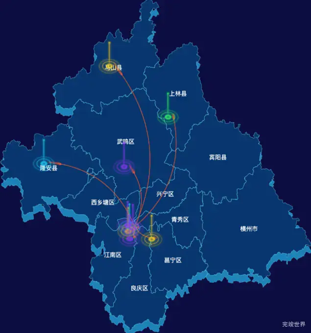 echarts南宁市地区地图geoJson数据-飞线图