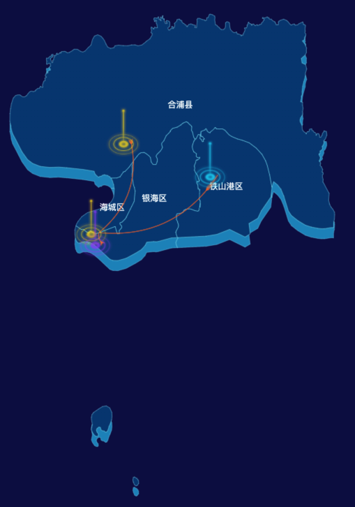 echarts北海市地区地图geoJson数据-飞线图