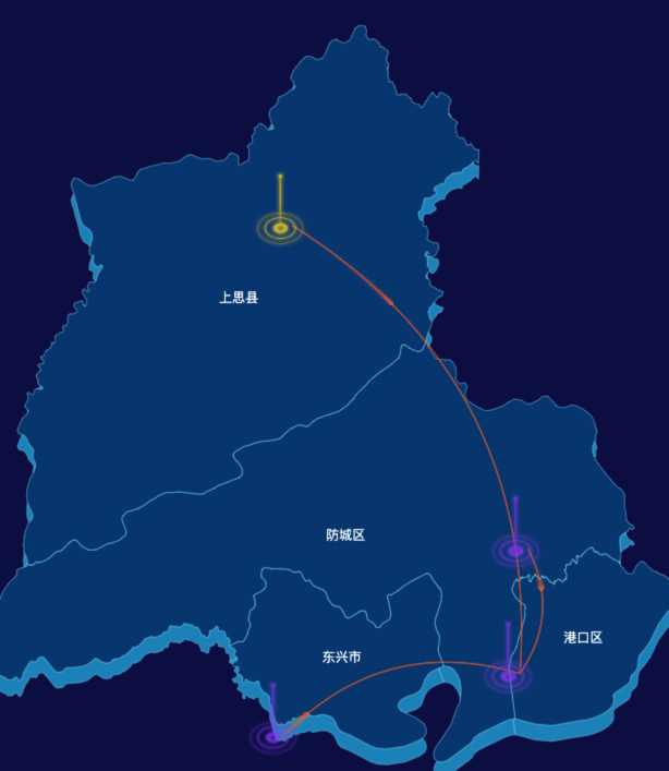 echarts防城港市地区地图geoJson数据-飞线图