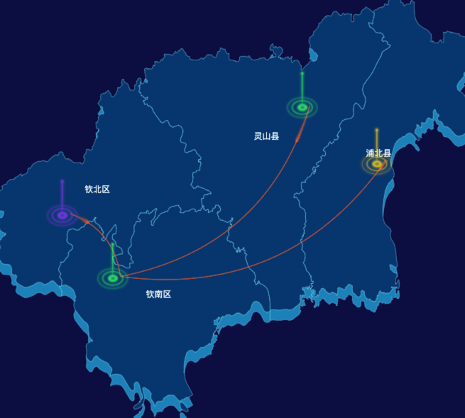 echarts钦州市地区地图geoJson数据-飞线图