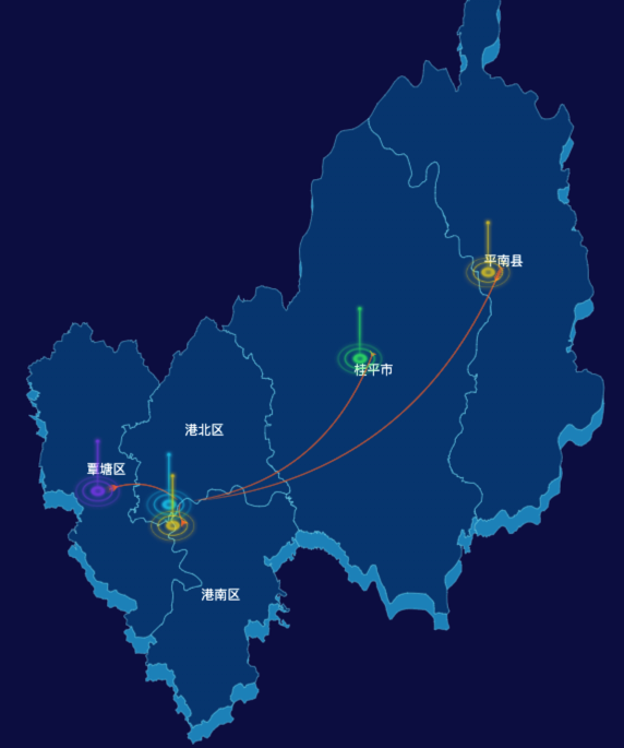 echarts贵港市地区地图geoJson数据-飞线图