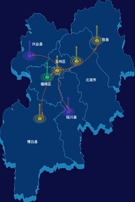 echarts玉林市地区地图geoJson数据-飞线图