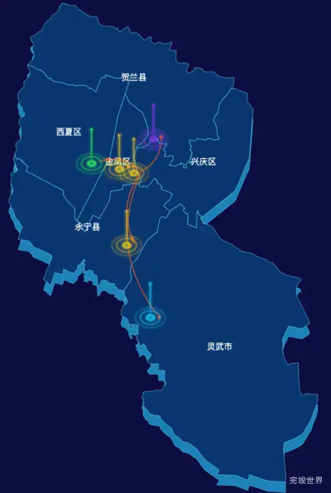 echarts银川市地区地图geoJson数据-飞线图