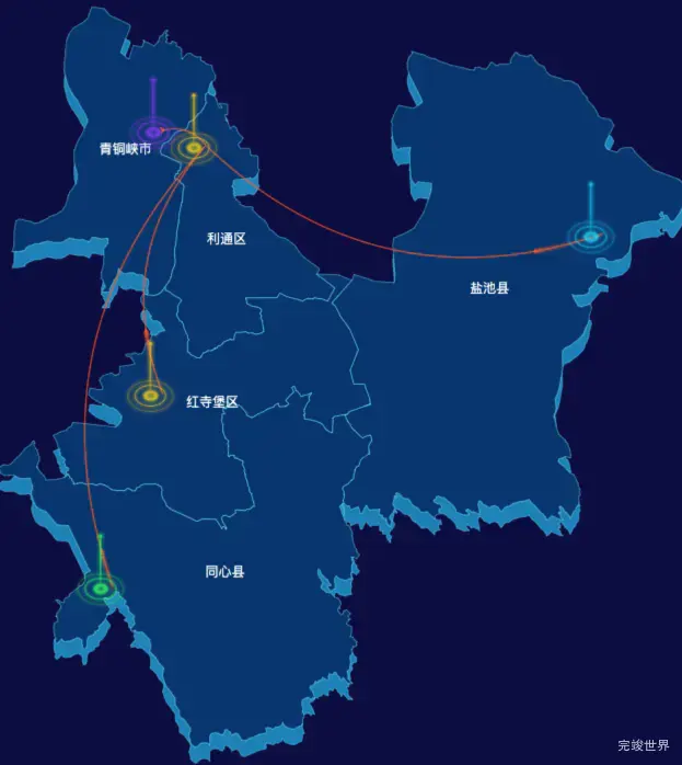 echarts吴忠市地区地图geoJson数据-飞线图