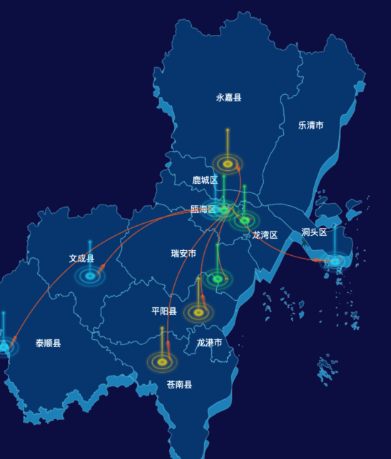 echarts温州市地区地图geoJson数据-飞线图