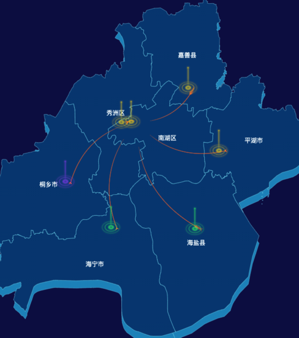 echarts嘉兴市地区地图geoJson数据-飞线图