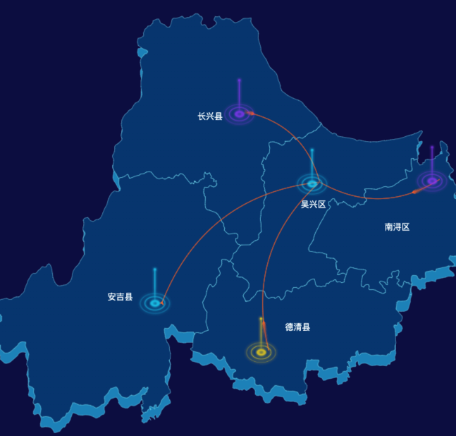 echarts湖州市地区地图geoJson数据-飞线图