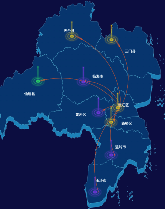 echarts台州市地区地图geoJson数据-飞线图