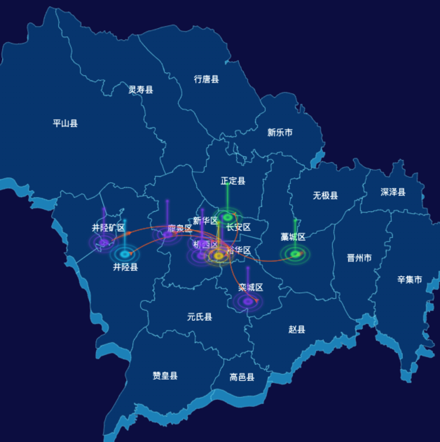echarts石家庄市地区地图geoJson数据-飞线图