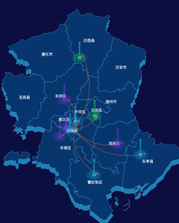 echarts唐山市地区地图geoJson数据-飞线图