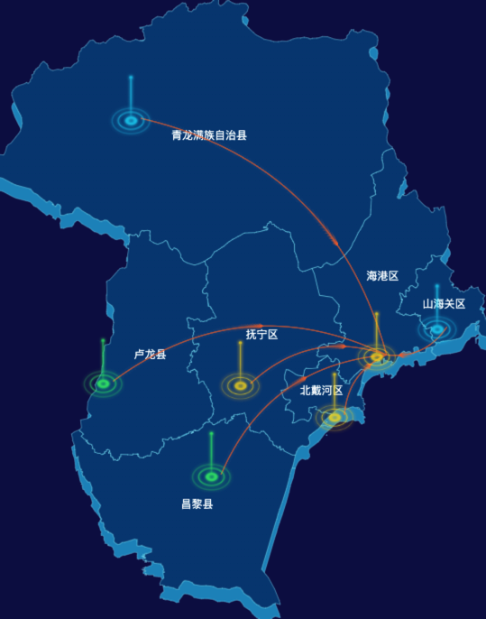echarts秦皇岛市地区地图geoJson数据-飞线图