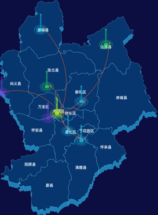 echarts张家口市地区地图geoJson数据-飞线图
