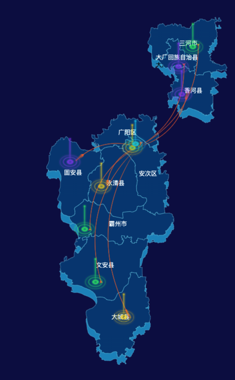 echarts廊坊市地区地图geoJson数据-飞线图