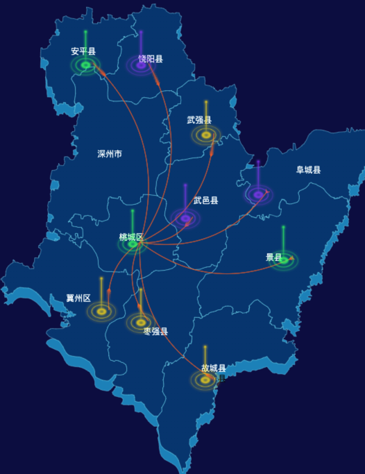 echarts衡水市地区地图geoJson数据-飞线图