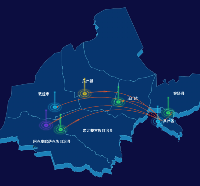 echarts酒泉市地图geoJson数据-飞线图