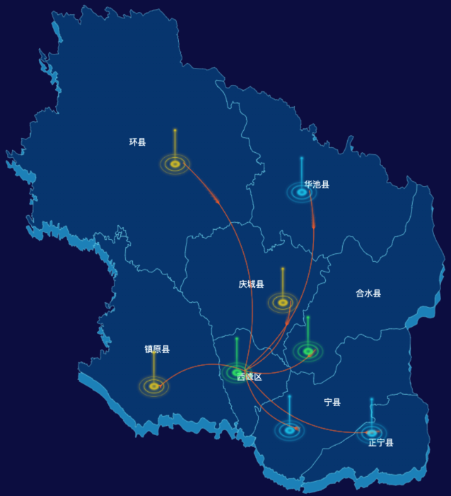 echarts庆阳市地图geoJson数据-飞线图