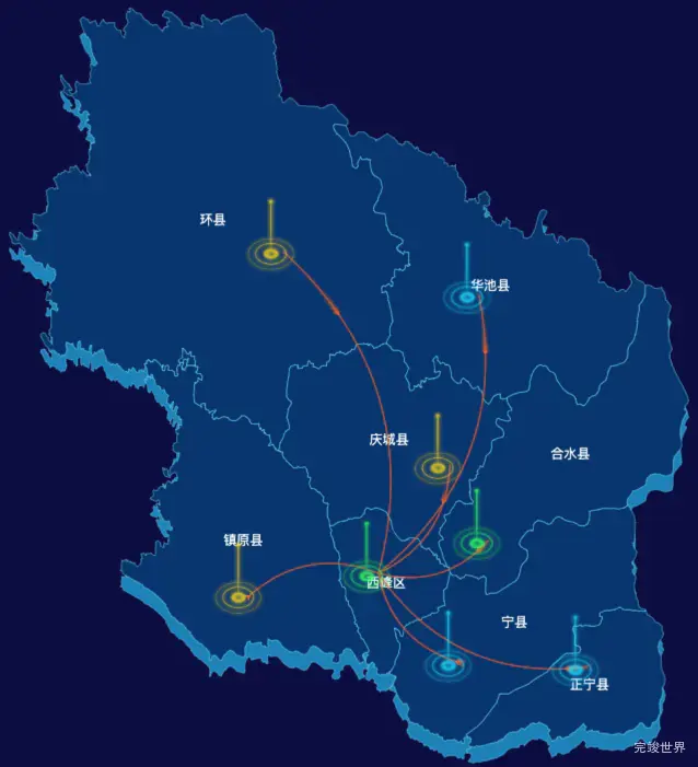 echarts庆阳市地图geoJson数据-飞线图